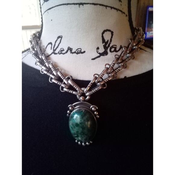 Hector Aguilar Taxco 940 Sterling Silver Necklace W/Malachite Pendant & Earrings